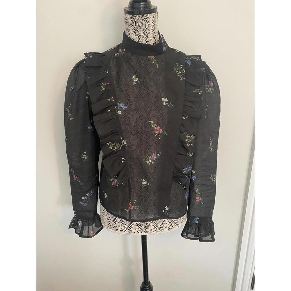H&M Victorian gothic floral organza puff sleeve top size 8